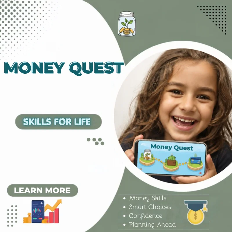 A smiling child holding up a phone showing the Money Quest app, next to the Money Quest logo and the words Skills for Life.